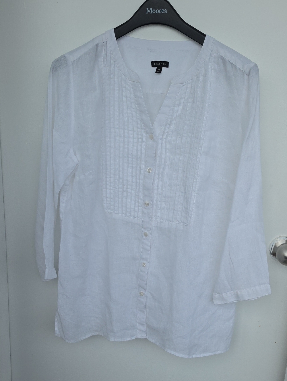 TALBOTS White 100% Linen Pintuck Pleat Split V-Neck Blouse Tunic M